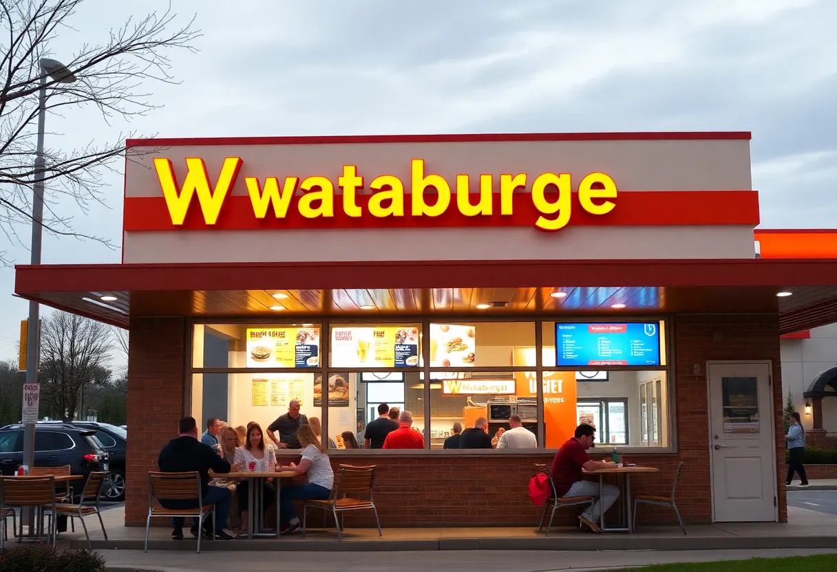Whataburger restaurant in Columbia with customers and digital menu boards
