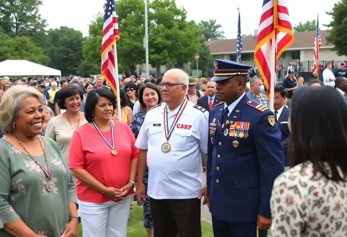 Military honor ceremony honoring a World War II veteran with community members present.