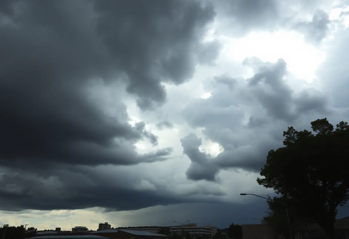 Dark storm clouds over Augusta signaling a flood advisory