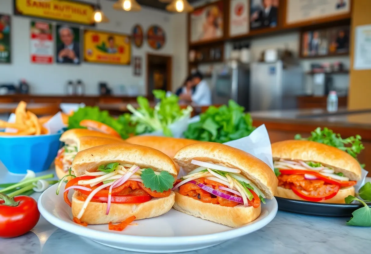 A variety of Vietnamese banh mi sandwiches with colorful toppings.