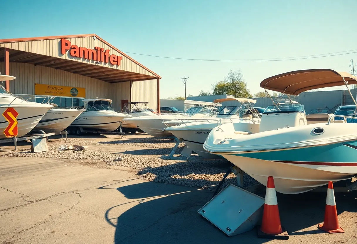 Damaged boats at Mountain Top Marine dealership in Lexington County