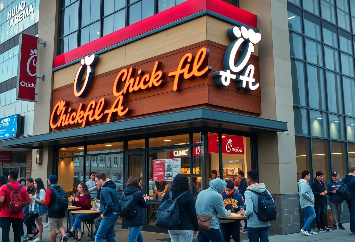 Chick-fil-A restaurant in downtown Columbia filled with customers.