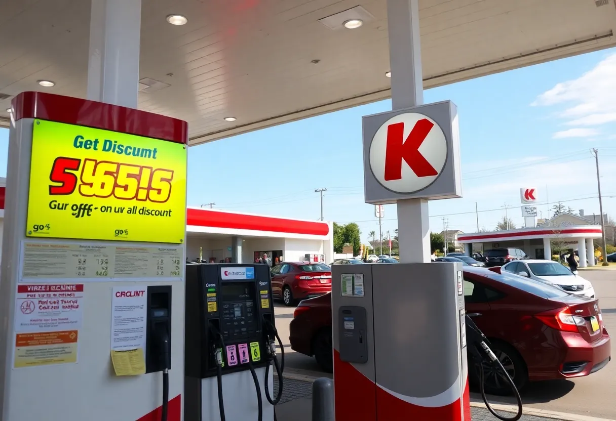 Circle K gas station with promotion sign for fuel discount