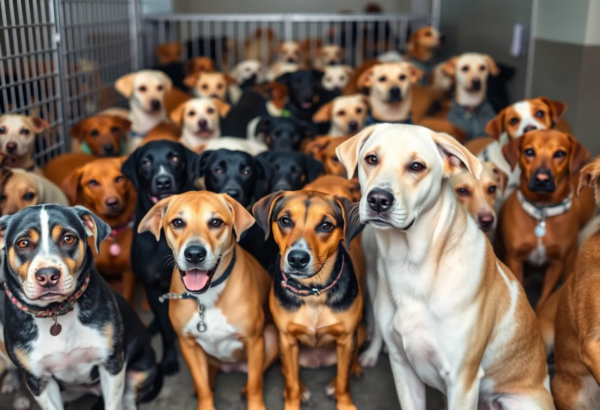 Dogs in an animal shelter awaiting adoption