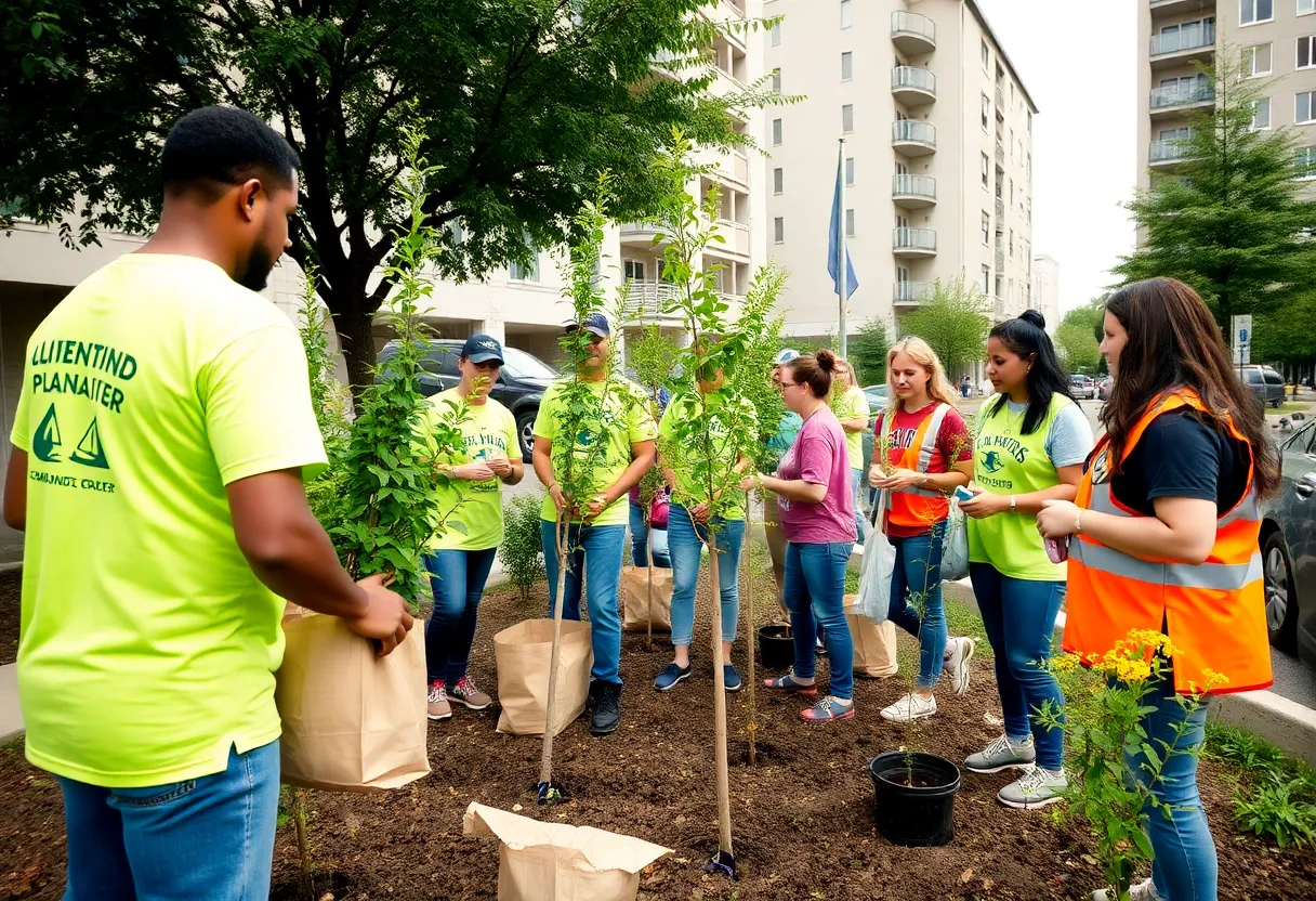 Community members planting shade trees in Columbia