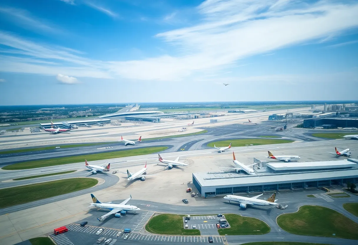 Aerial view of Columbia Metropolitan Airport with planes on the runway.
