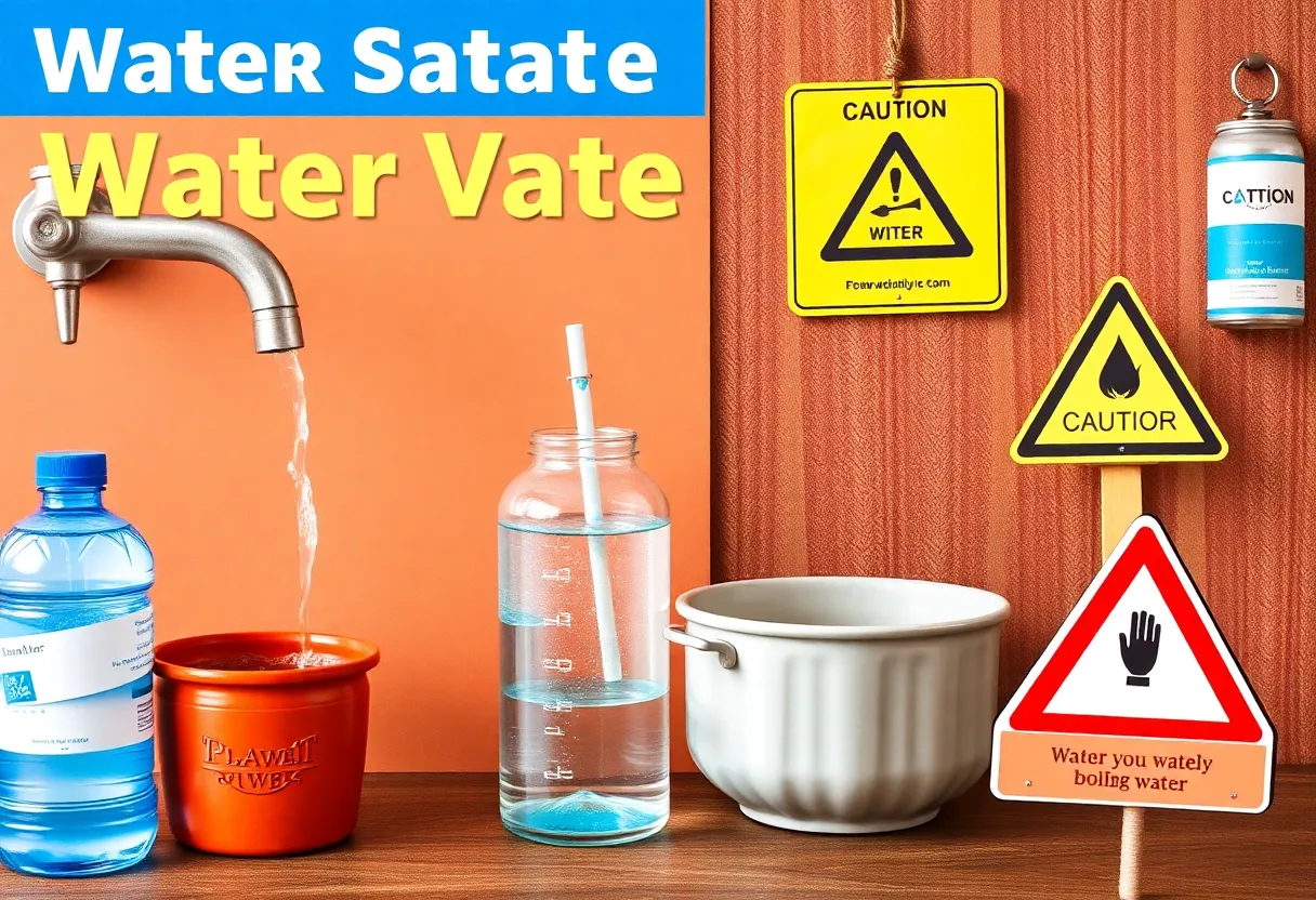 Boil water advisory sign with boiling water visuals