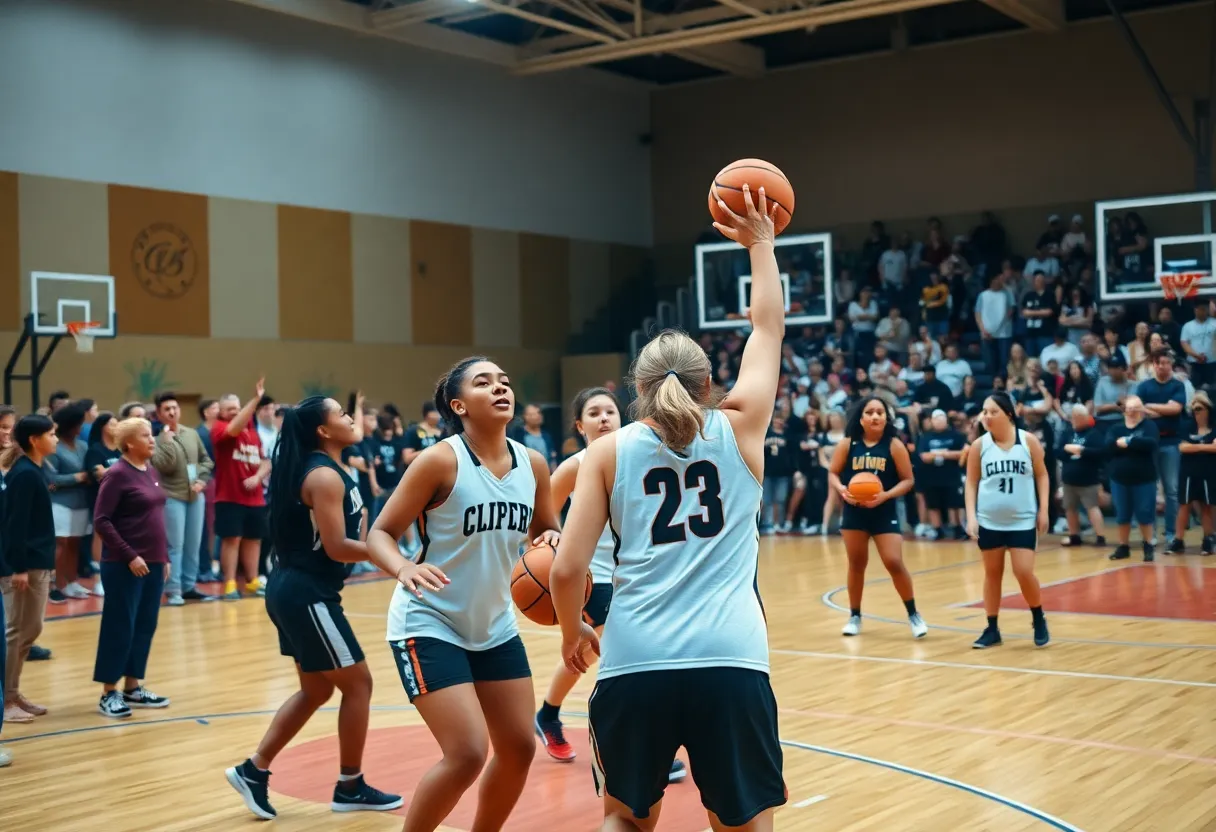 Columbia College women's basketball players practicing on a court