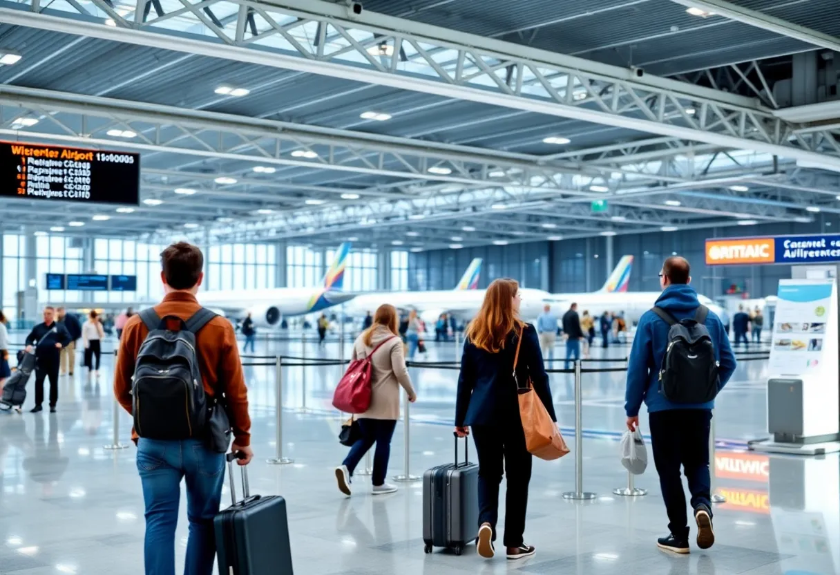 Interior of Columbia Metropolitan Airport with travelers and check-in counters.