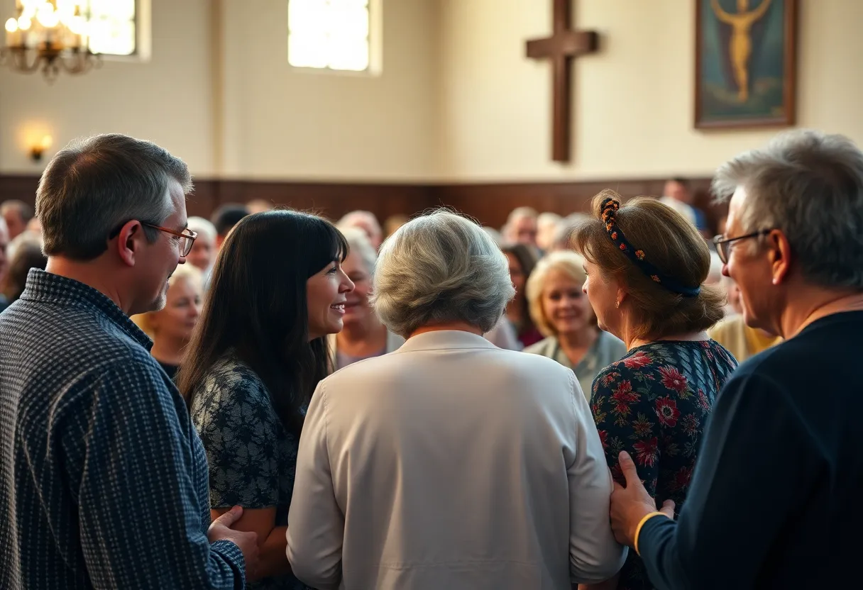 Community members gathering for a memorial service in Chapin.