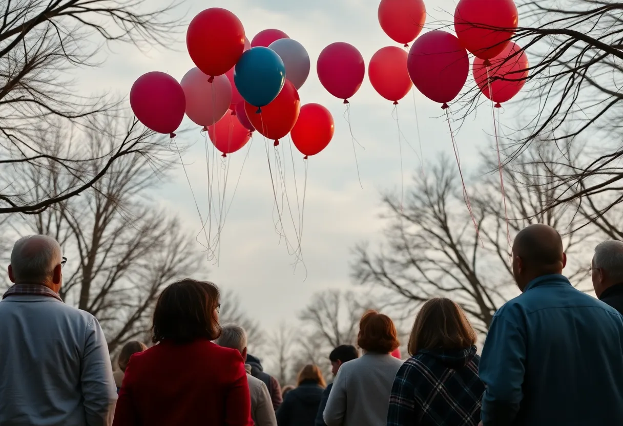 Community holding a balloon release in memory of Sheila Walker