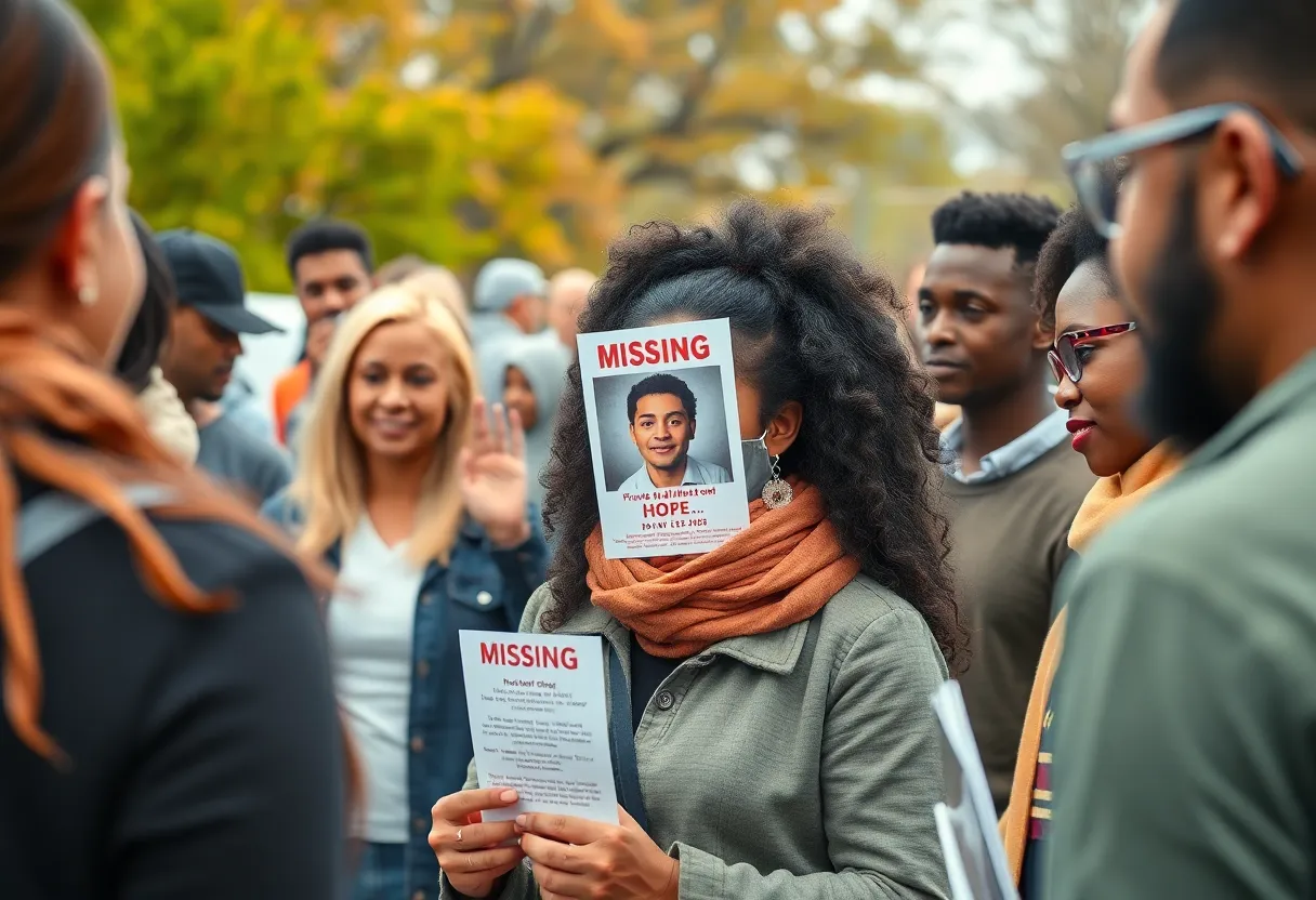 Community members hold flyers in support of a missing woman search.