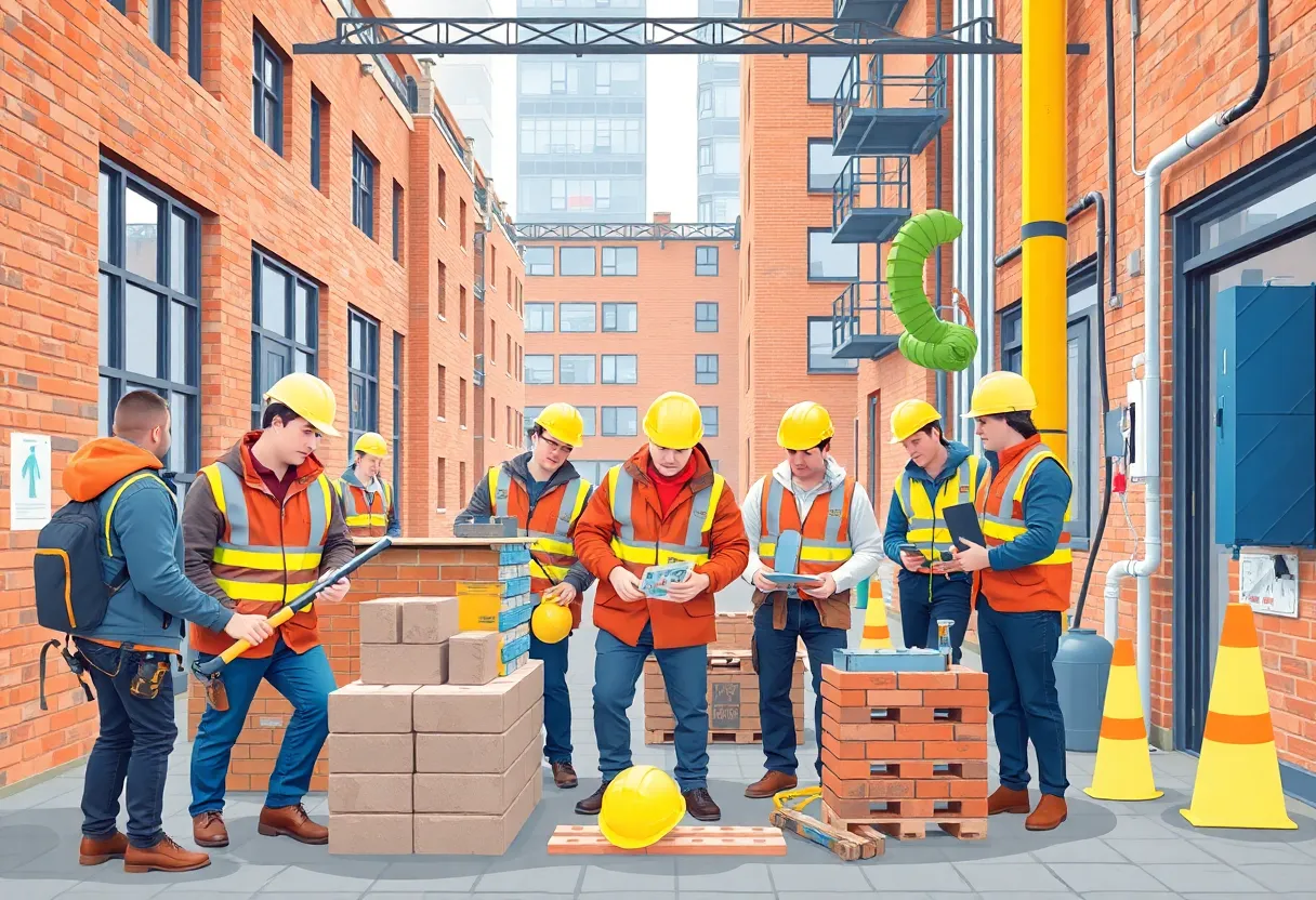 Students learning construction skills in a training college