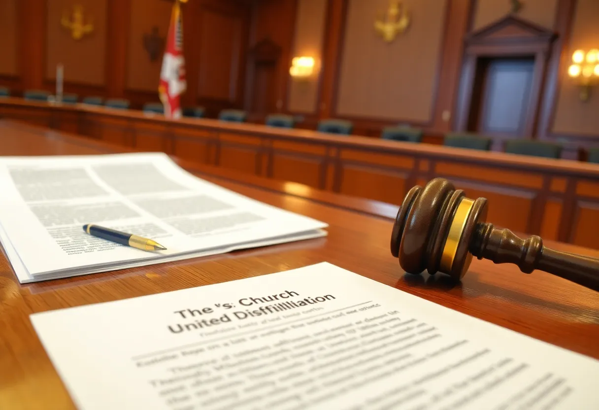 Courtroom representing legal proceedings for church disaffiliation.