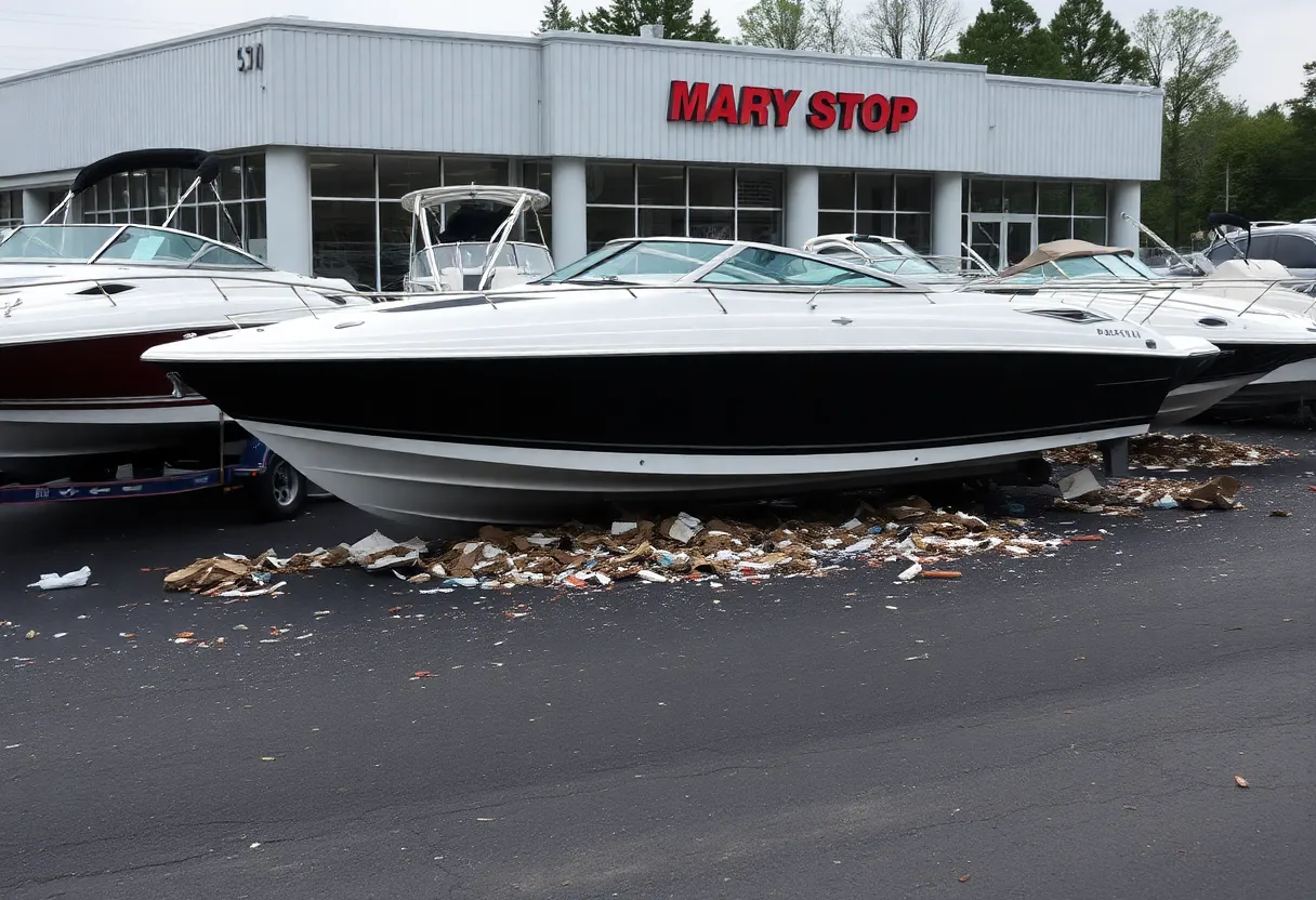 Boats covered in asphalt and debris at Mountain Top Marine dealership
