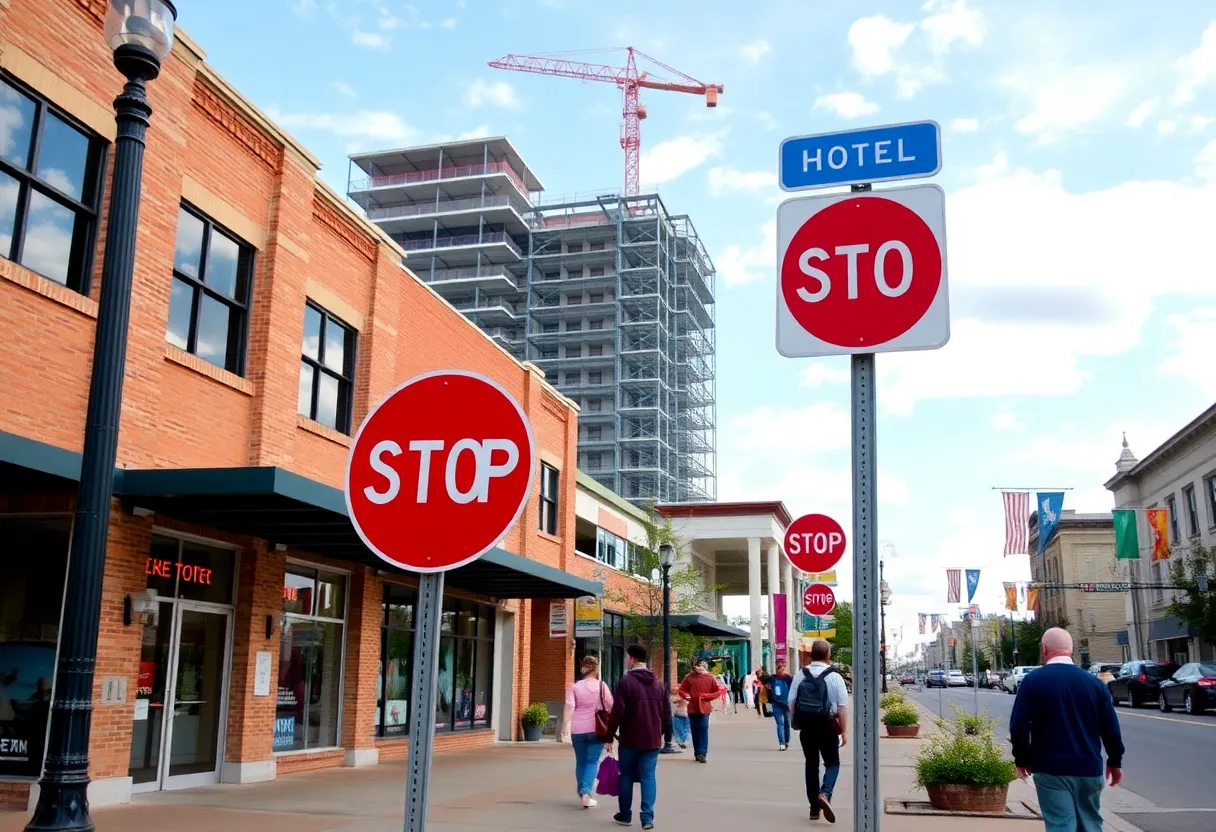 Downtown Lexington, SC with construction signs and a hotel