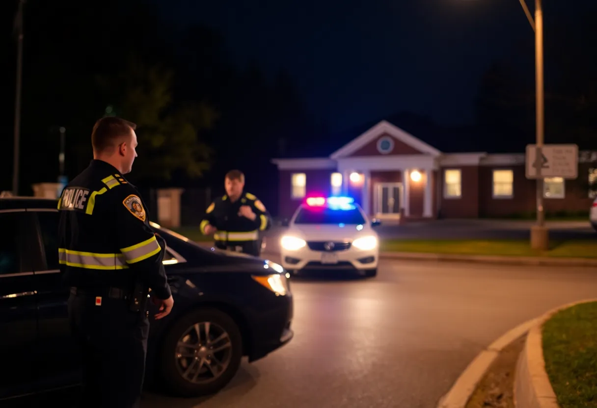 Officers conducting a DUI checkpoint with vehicles illuminated by police lights