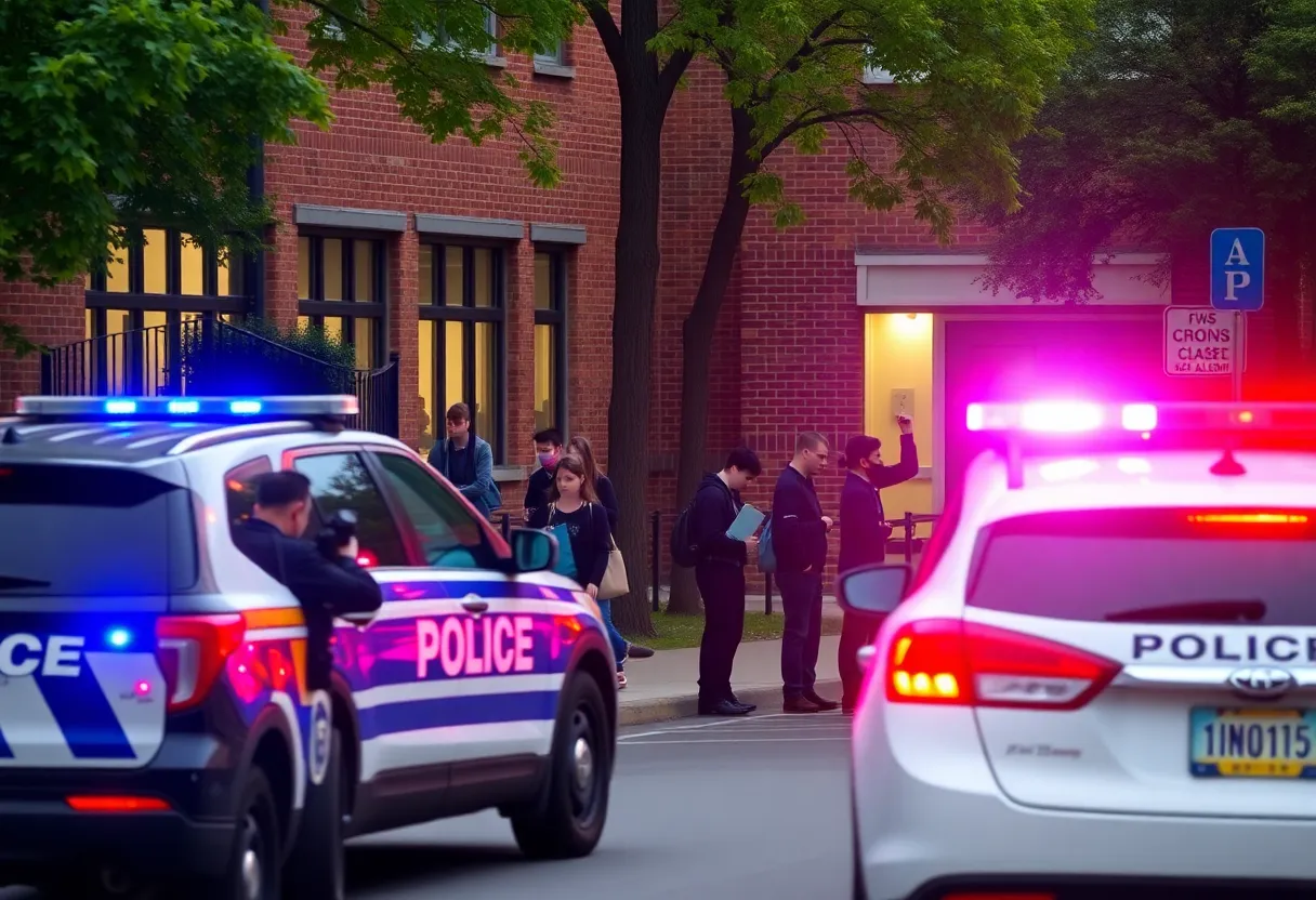 Police vehicles stationed outside American Leadership Academy after a false intruder alarm.