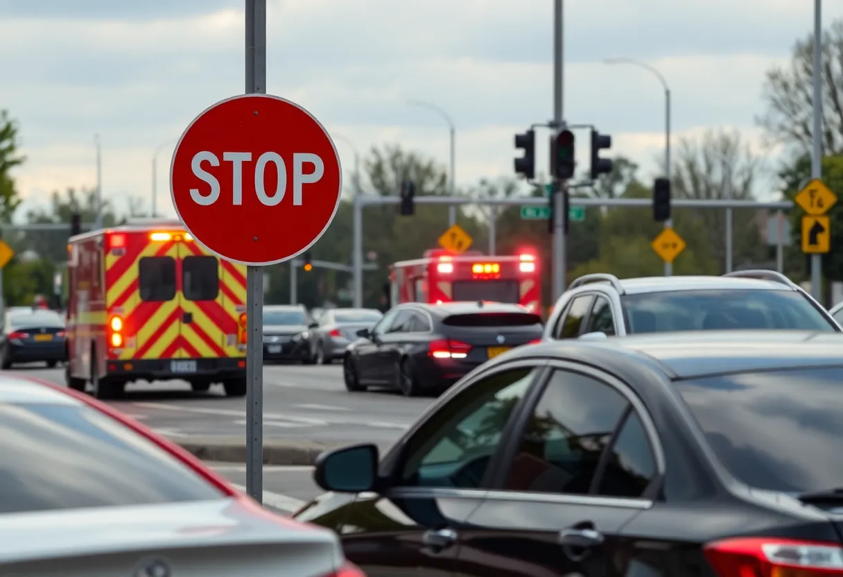Scene of a busy intersection with emergency vehicles present
