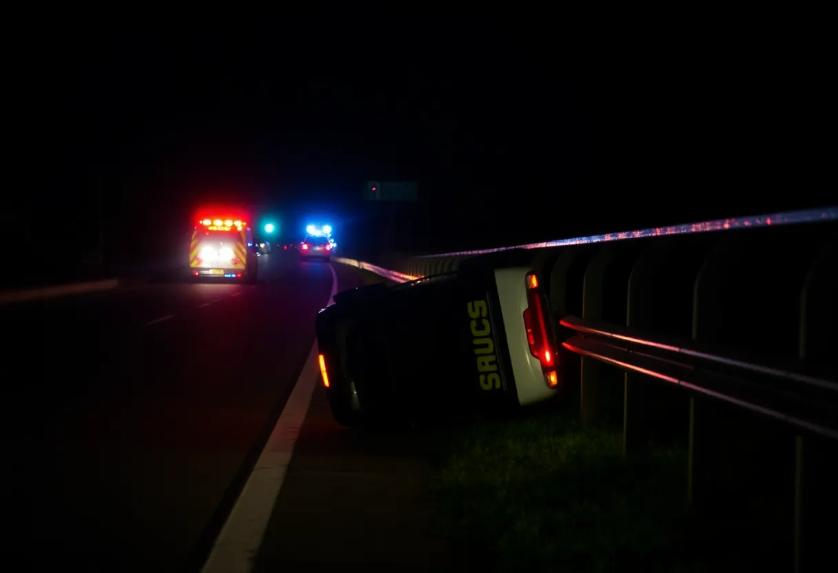 An overturned car on the highway with emergency lights