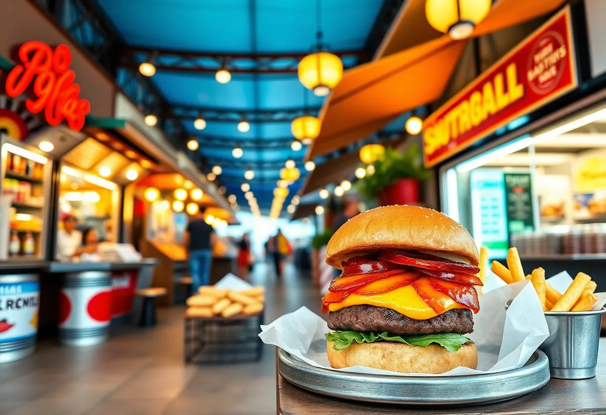 Concept rendering of Gather COLA food hall with food vendors.