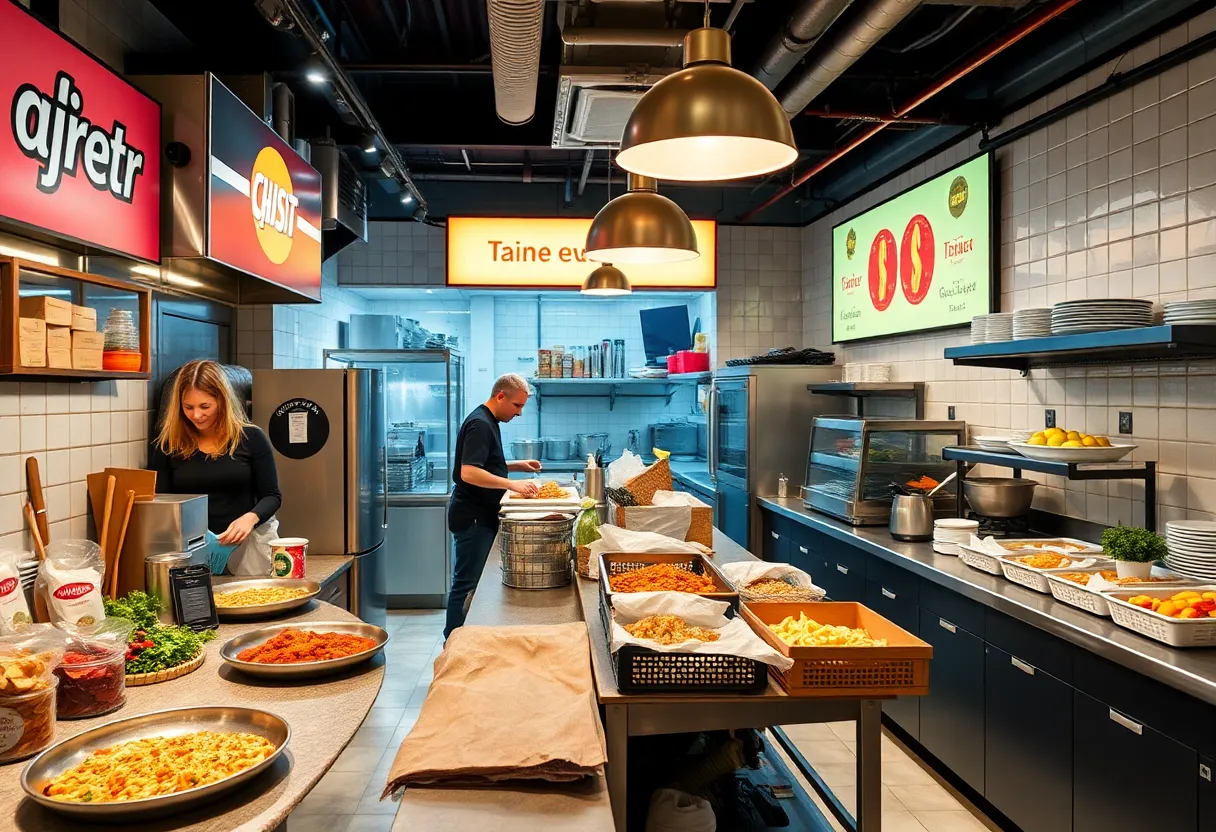 A bustling ghost kitchen in Columbia with various food brands sharing kitchen space.