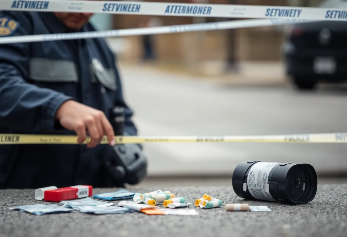Police examining drugs and evidence at a crime scene