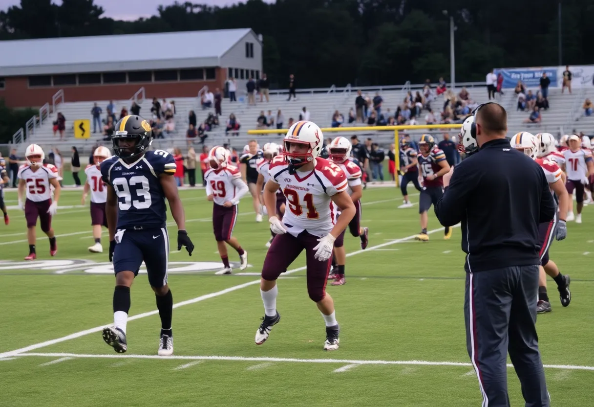 High school football teams practicing during jamboree at River Bluff High School