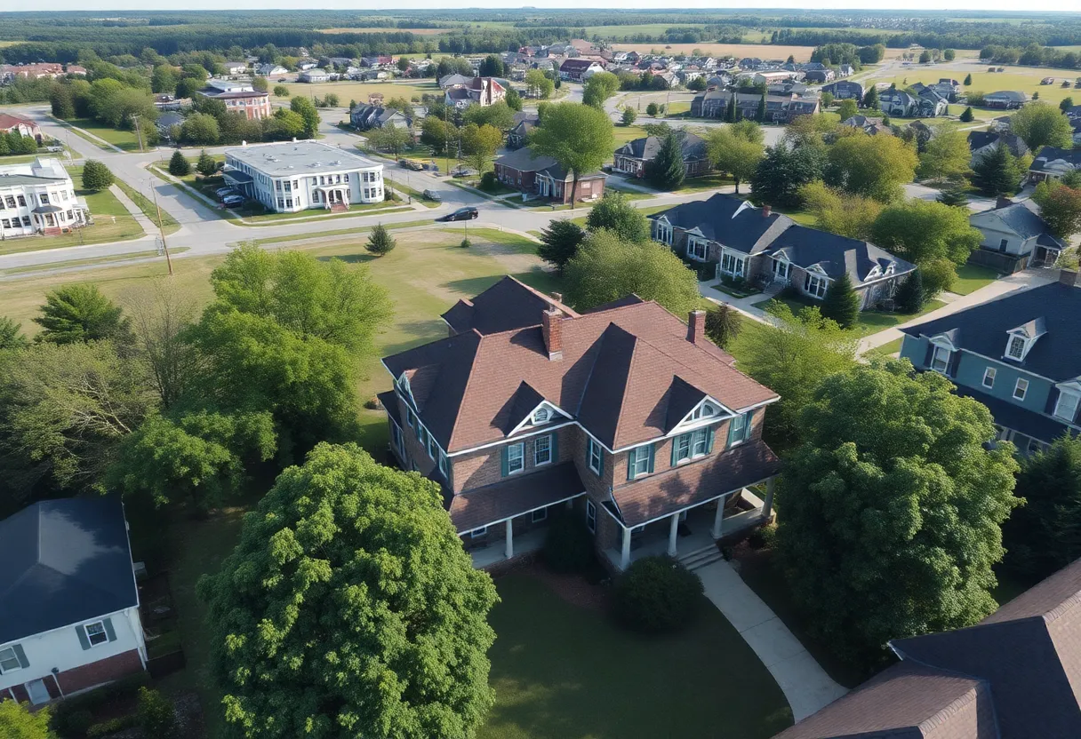 Aerial view of a historic property in Lexington with a large old house and nearby developments