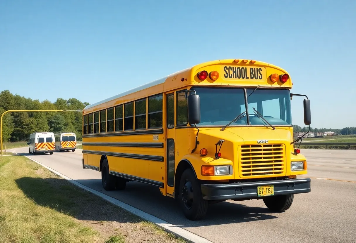 School bus parked on the side of a highway after an accident