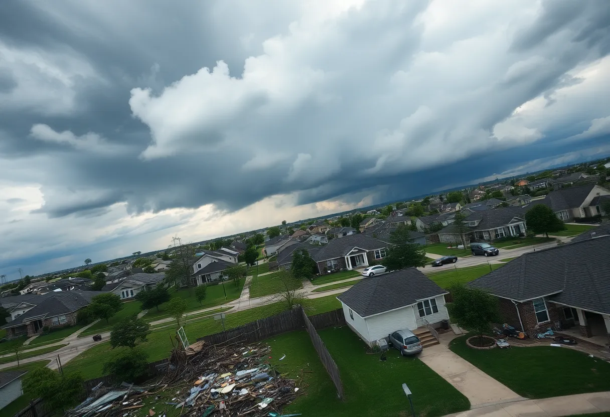 Aftermath of the F3 tornado in Lexington County showing debris and damaged buildings.