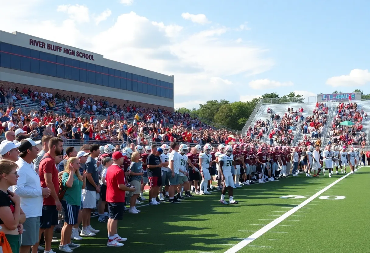 Football stadium filled with fans at River Bluff High School during jamboree event