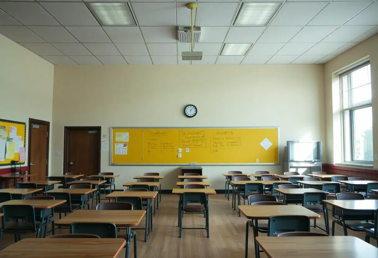 Empty classroom with declining enrollment signs