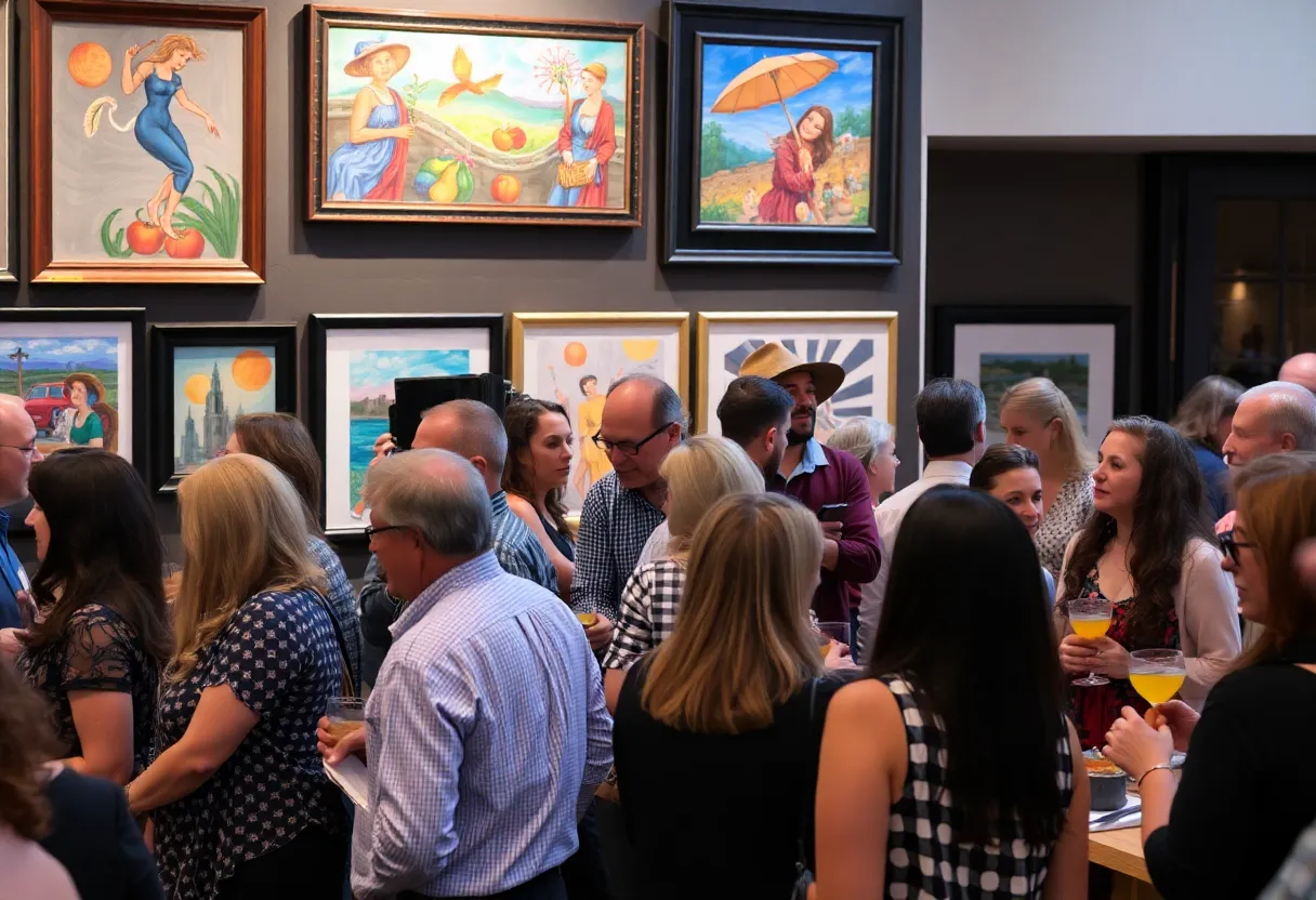 A vibrant fundraising event showcasing local artwork and community involvement.