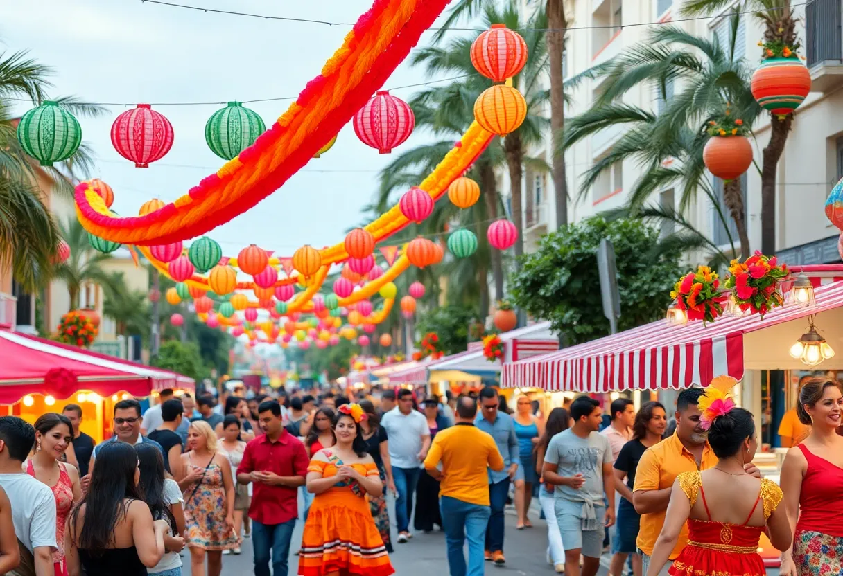 Crowd enjoying the Main Street Latin Festival with food stalls and performances