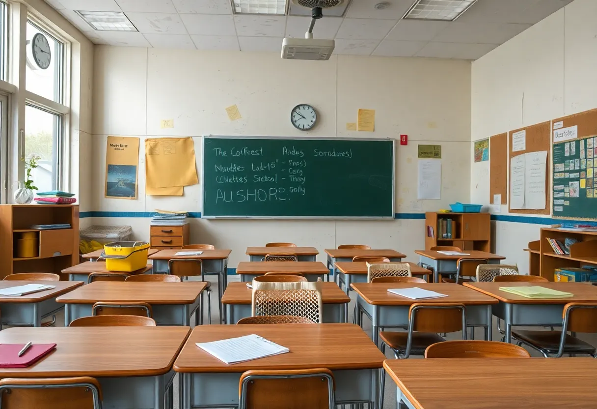 A school classroom showing signs of potential mold issues.