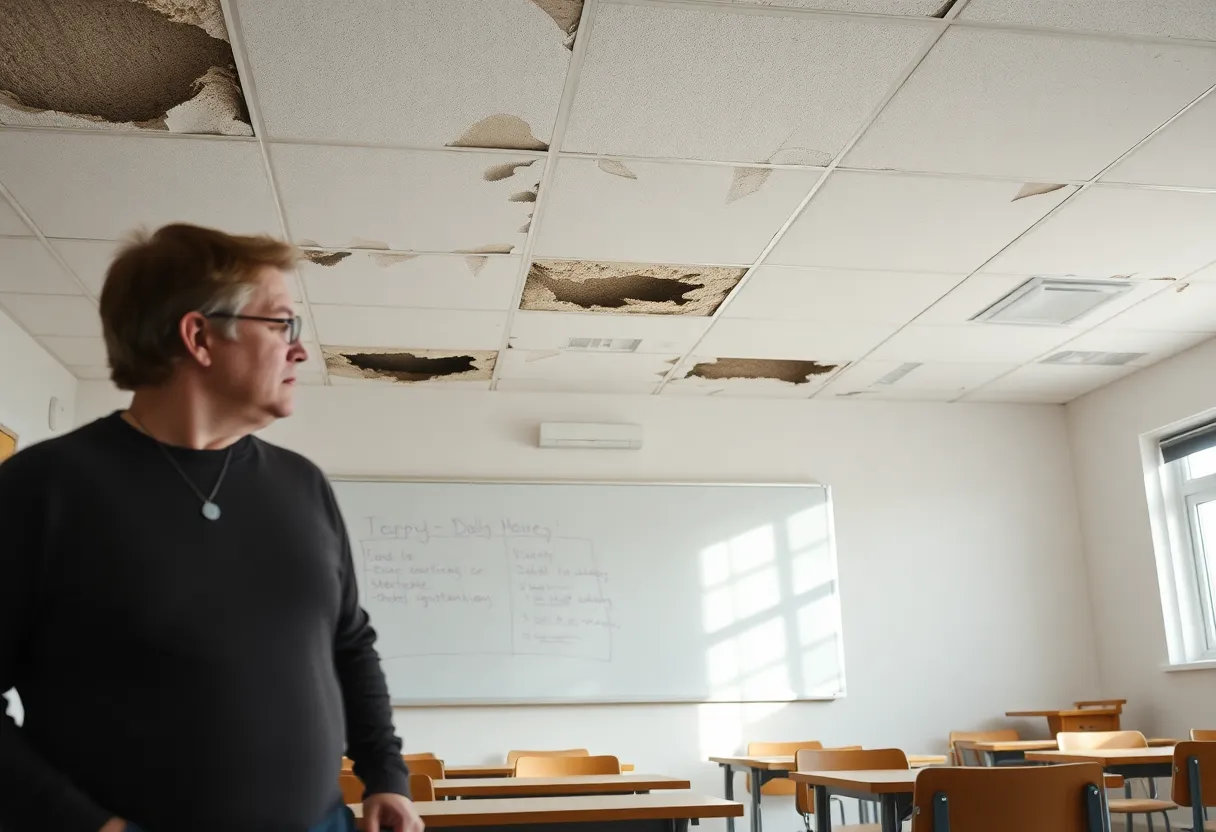 Classroom showing mold and damaged ceiling tiles