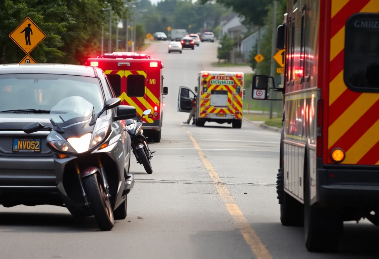 Scene of a motorcycle accident with traffic cones and emergency vehicles