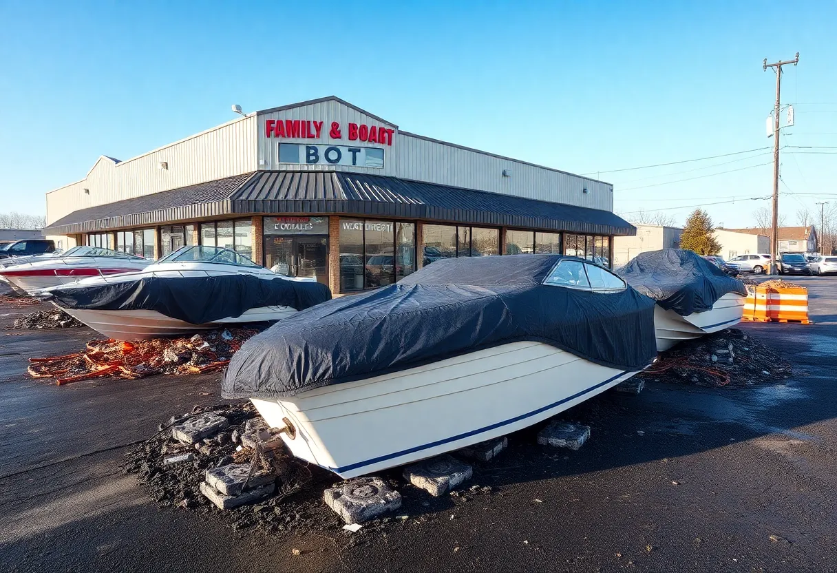 Damaged boats at Mountain Top Marine due to road construction