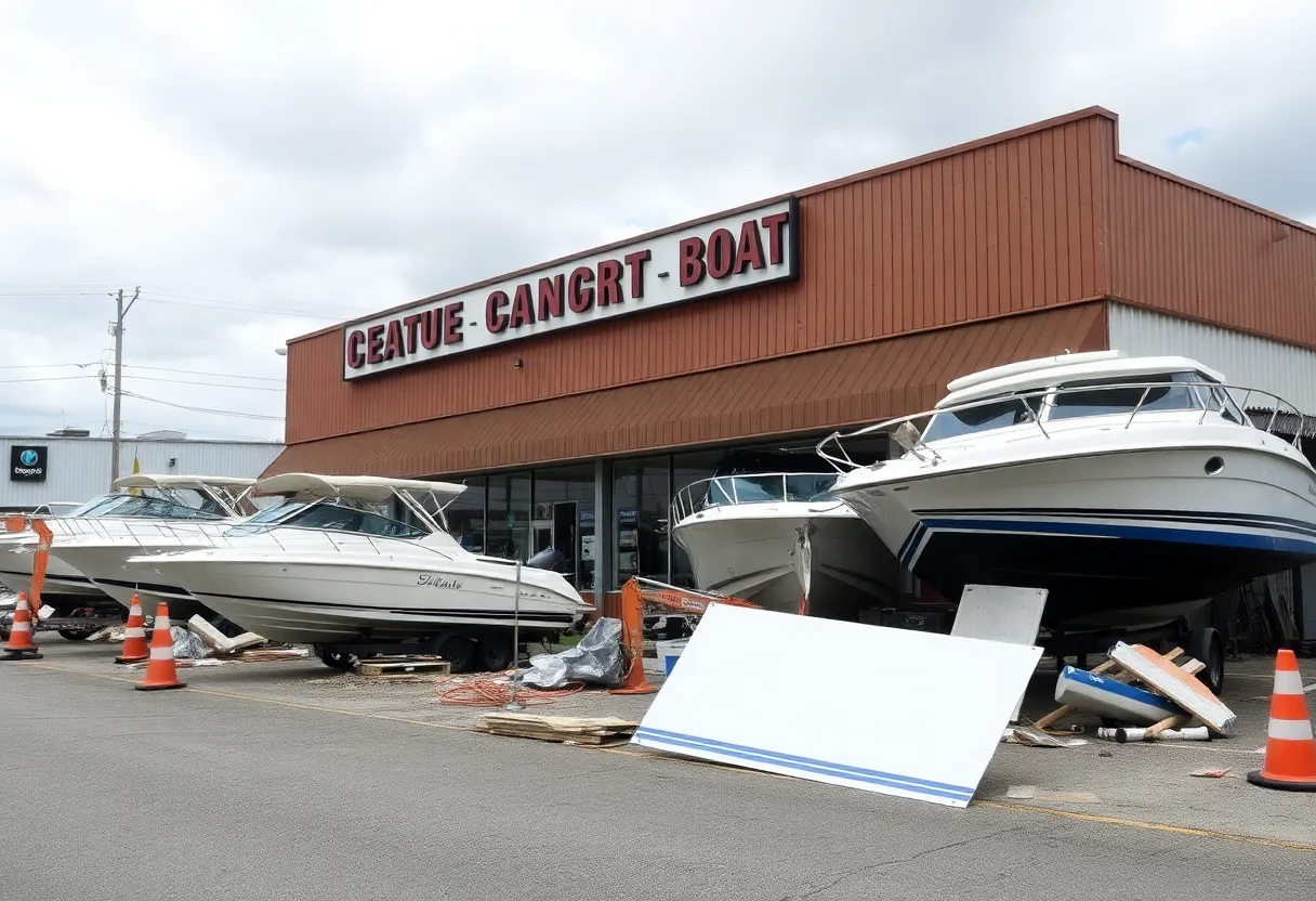 Damaged boats at Mountain Top Marine dealership due to road construction