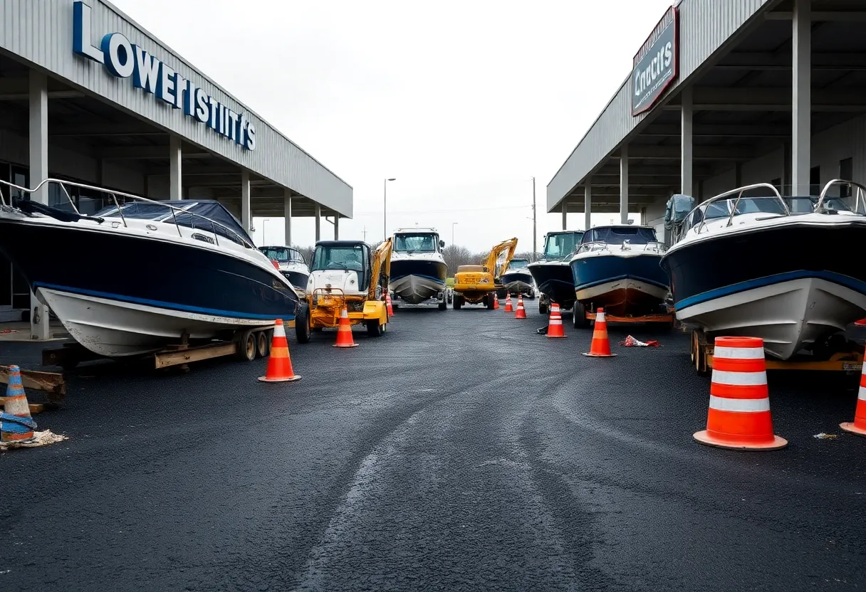 Boats at Mountain Top Marine covered in asphalt debris from road construction