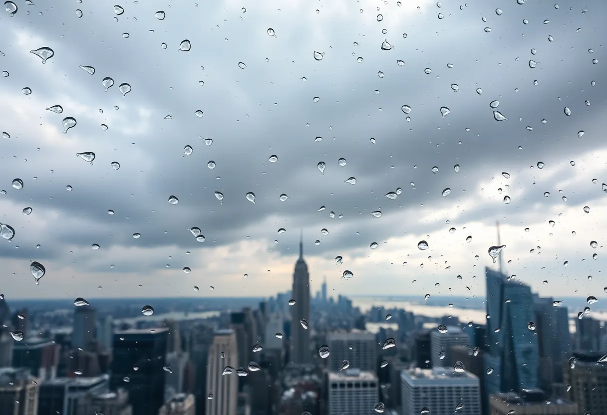 Cloudy skyline view of New York City during rain.