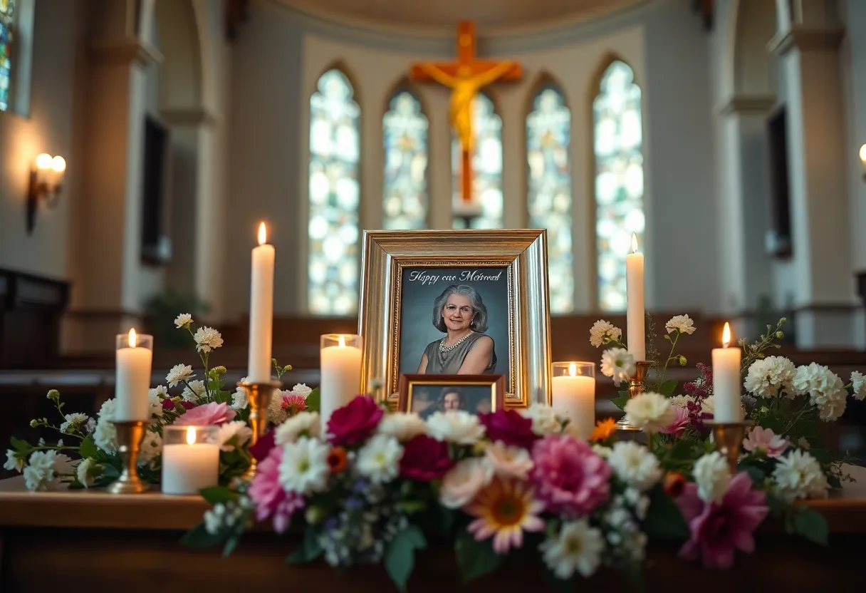 A memorial setup featuring candles and flowers in a church