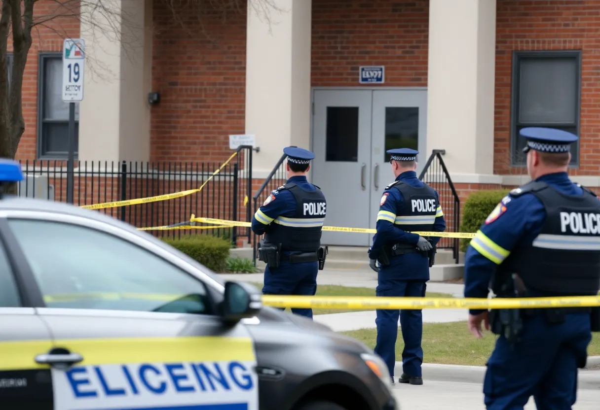 Police officers responding to a false alarm at a school