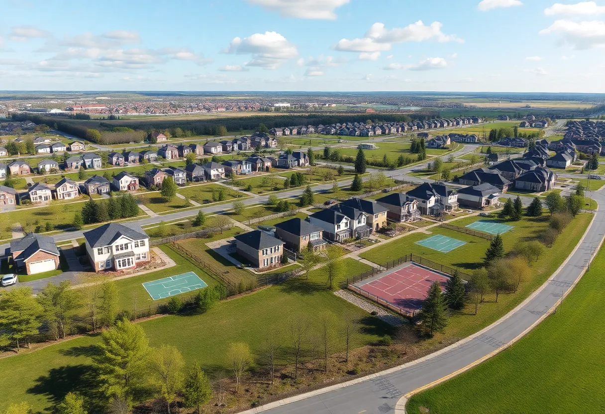 Illustration of a planned residential subdivision showcasing homes and community amenities.
