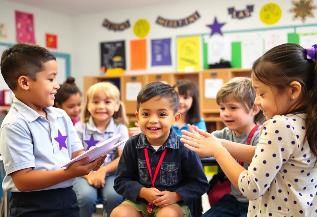 Students in a supportive school environment celebrating Purple Star School District recognition.