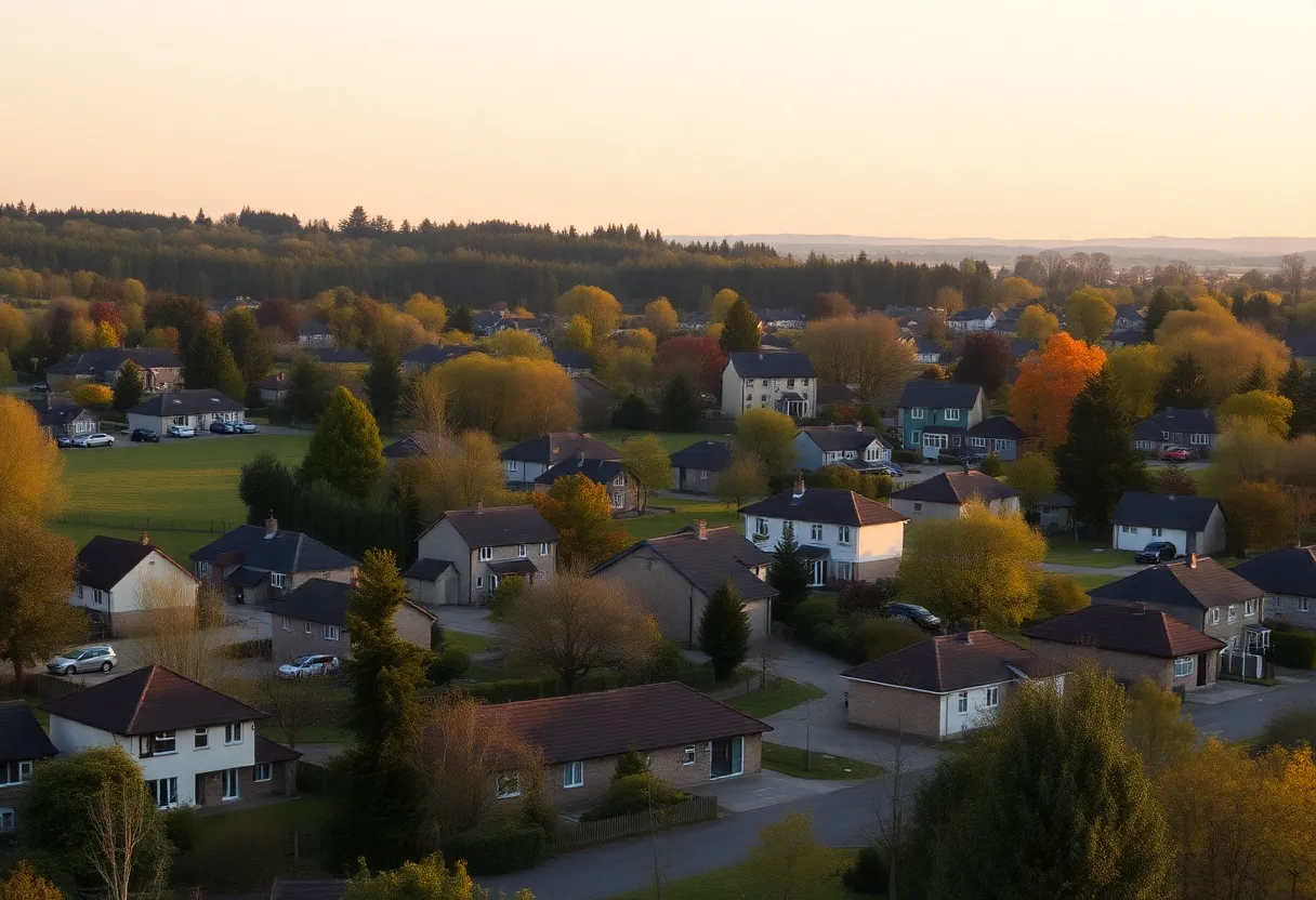 A peaceful residential area in Lexington showing houses and green spaces.