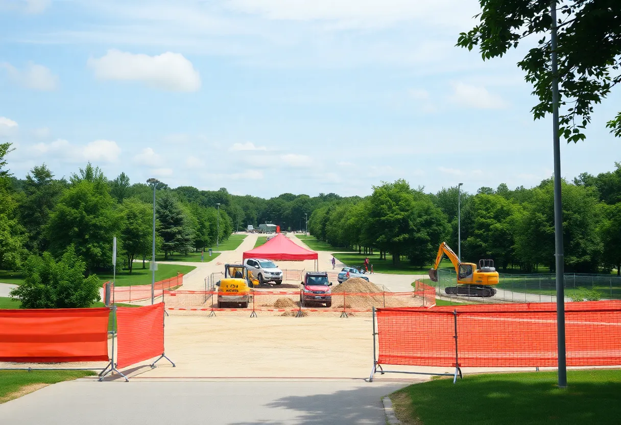 Construction site at Riverfront Park with barriers and equipment