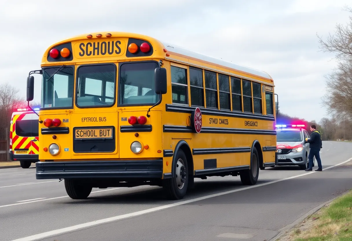 Scene of a school bus collision with emergency services present