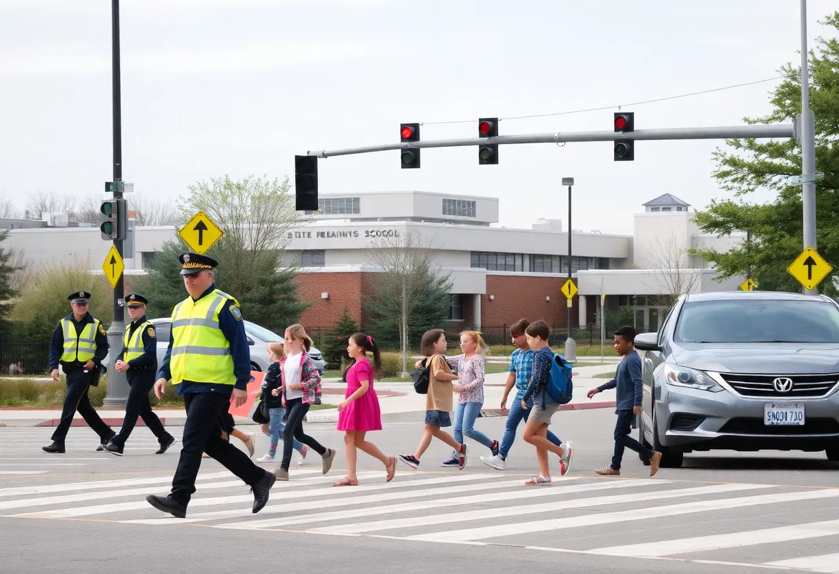 Children crossing safely in a school zone while police monitor traffic.